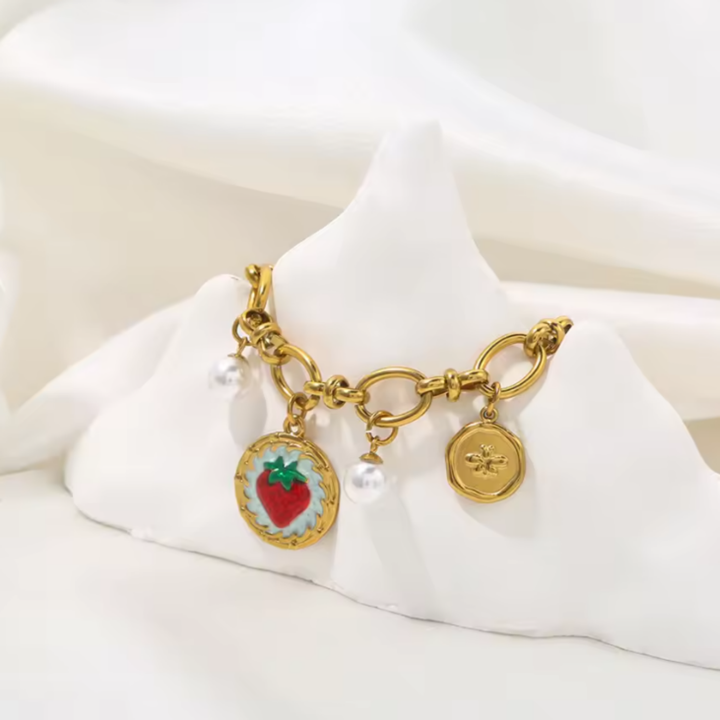 Coquette Strawberry Heart Pearl Pendant Gold Charm Bracelet - Womens