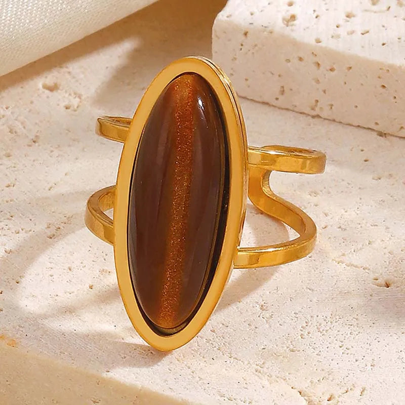 Vintage Boho Oval Pearl Brown Stone Tiger's Eye Ring - Stainless Steel - Womens
