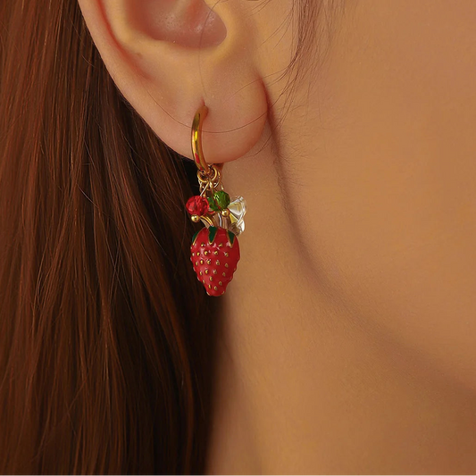 Strawberry Butterfly Dangle Gold Hoop Earrings - Womens