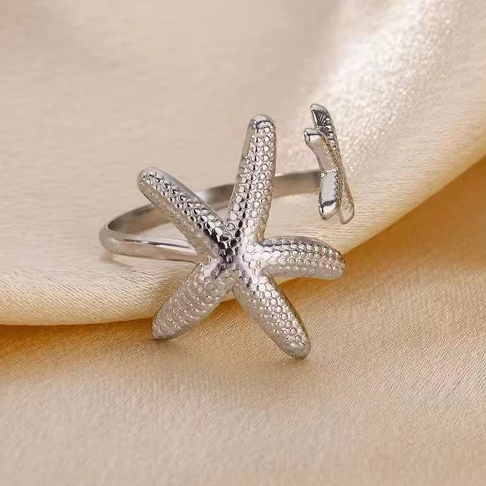Boho Mermaidcore Starfish Adjustable Ring - Gold & Silver - Womens