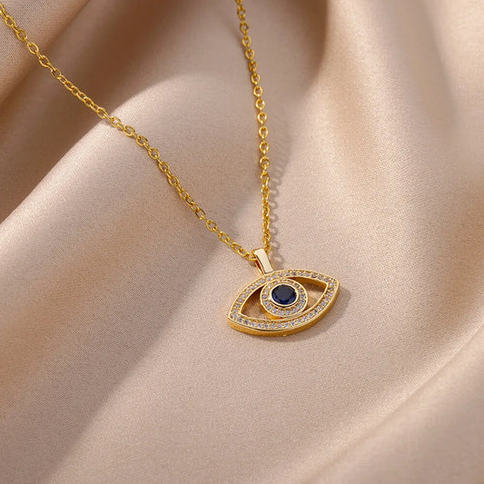 Zircon Evil Eye Pendant Necklace - Gold & Silver - Womens