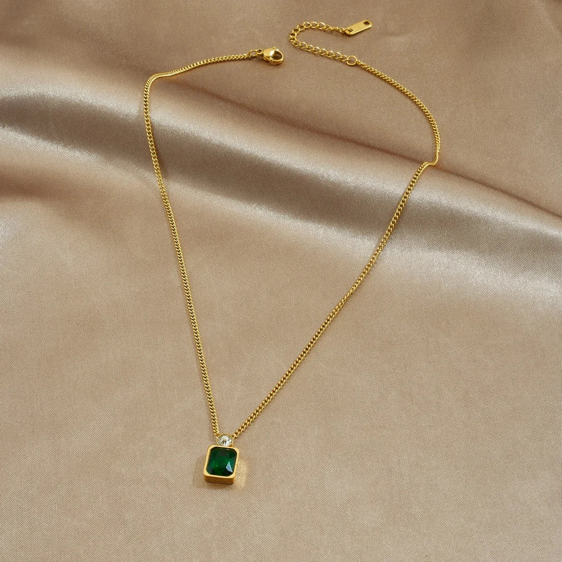 Zircon Emerald Pendant Gold Charm Necklace - Stainless Steel - Womens