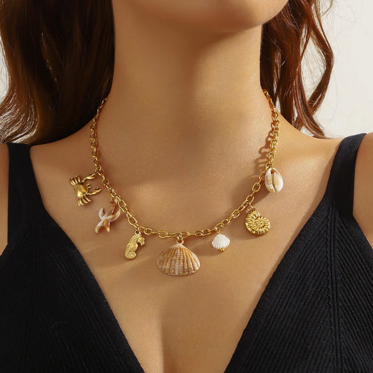 Beach Amber Starfish Conch Seashelll Pendant Gold Charm Necklace - Womens