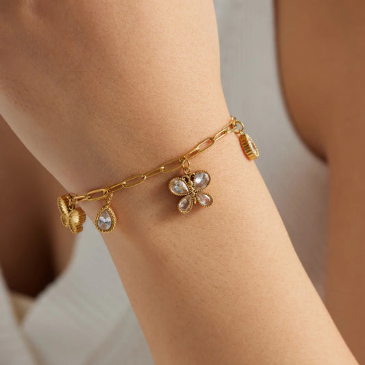 Y2K Zircon Butterfly Sunflower Gold Charm Bracelet - Womens