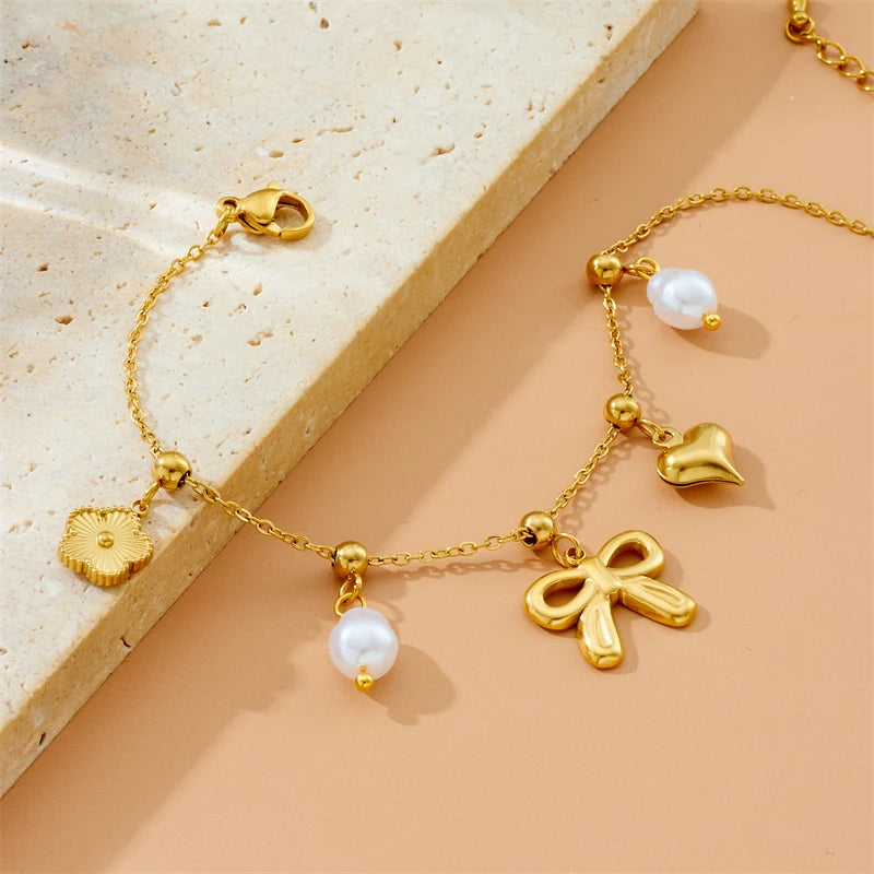 Coquette Flower Bow Heart Pearl Gold Charm Bracelet - Womens