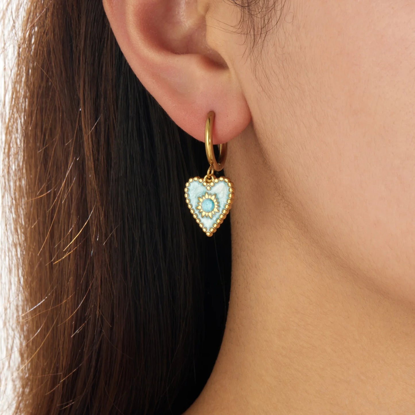 Coquette Blue Heart Sun Gold Dangling Earrings - Womens