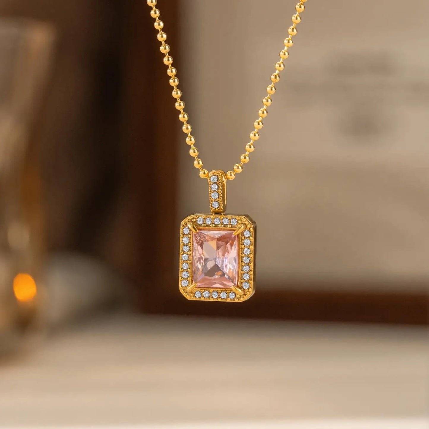 Zircon Square Pink Gemstone Gold Pendant Necklace - Stainless Steel - Womens