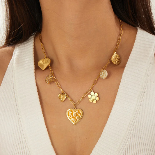 Coquette Heart Flower Sun Gold Pendant Charm Necklace - Womens