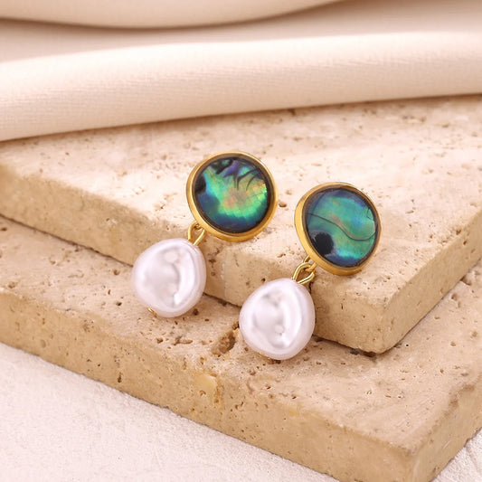 Boho Beach Pearl Abalone Shell Pendant Gold Dangle Earrings - Stainless Steel - Womens