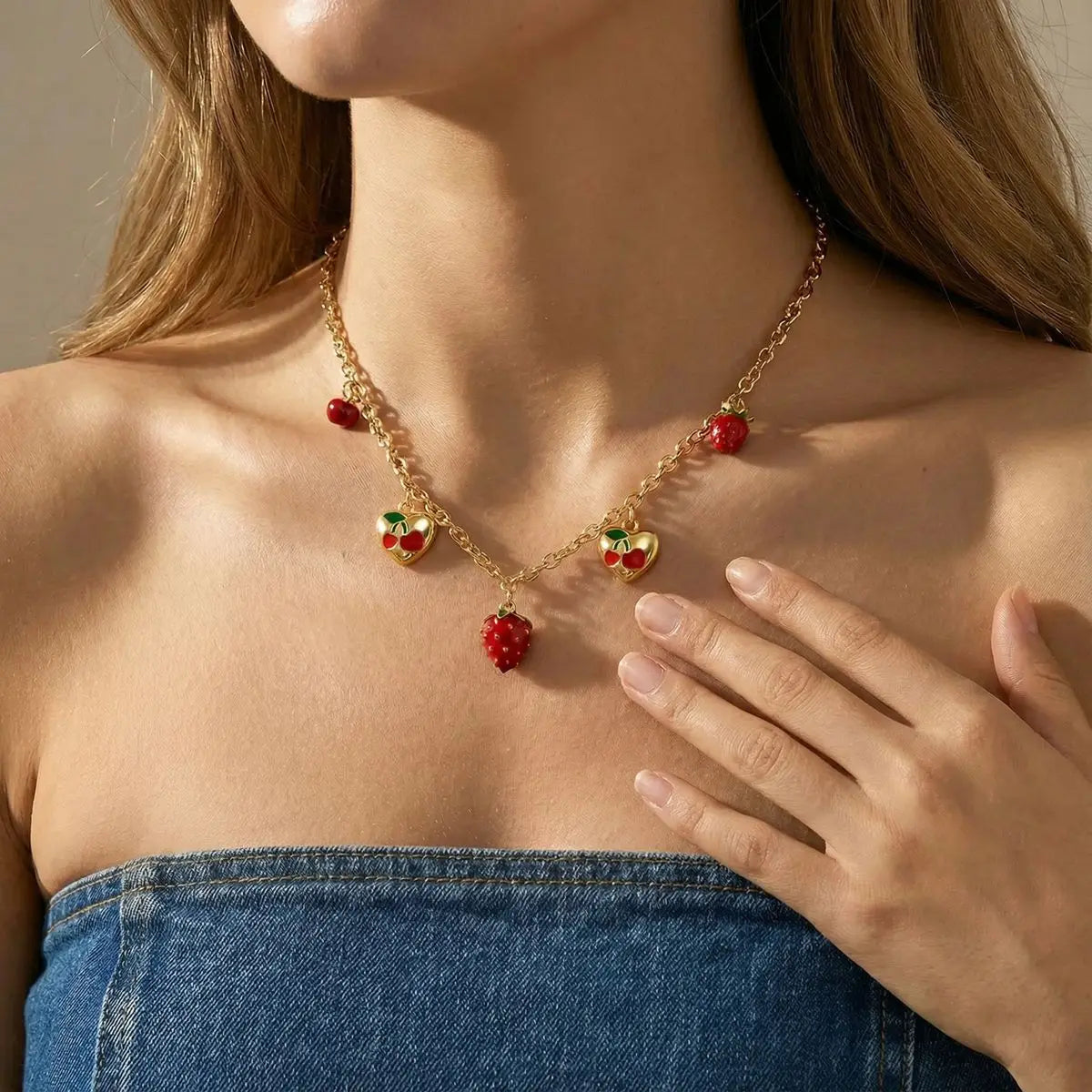 Y2K Strawberry Cherry Love Heart Pendant Gold Charm Necklace - Womens