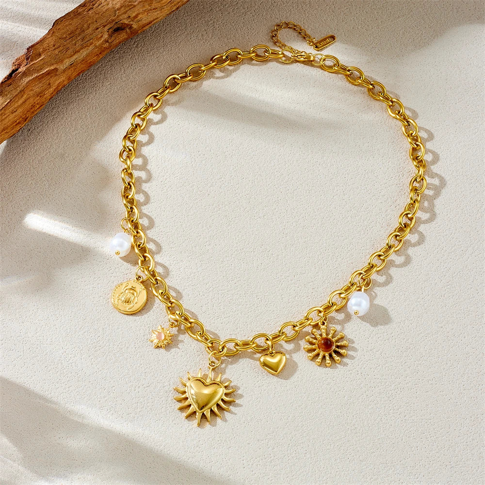 Boho Heart and Sun Gold Charm Necklace - Womens