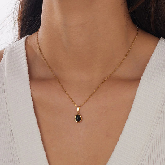 Vintage Black Onyx Gemstone Teardrop Gold Pendant Necklace - Stainless Steel - Womens