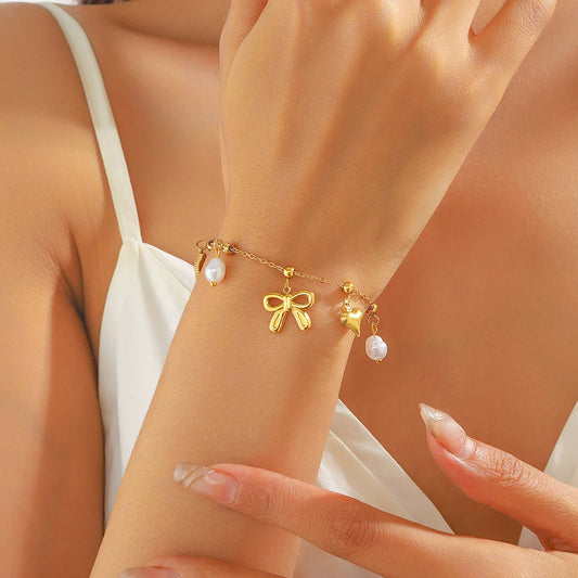 Coquette Flower Bow Heart Pearl Gold Charm Bracelet - Womens