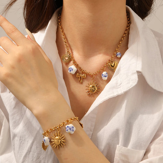 Sun Ceramic Flower Heart Pendant Gold Charm Bracelet - Stainless Steel - Womens