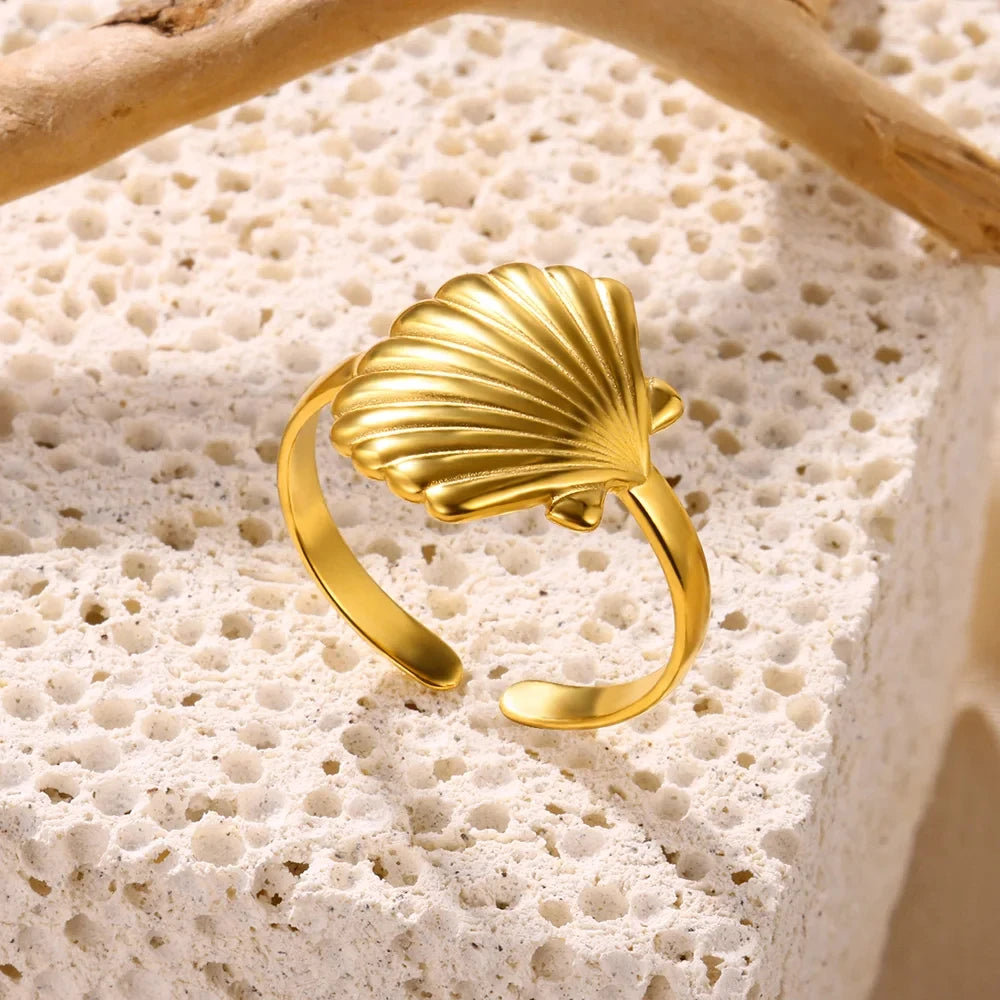 Boho Ocean Shell Gold Adjustable Ring - Womens