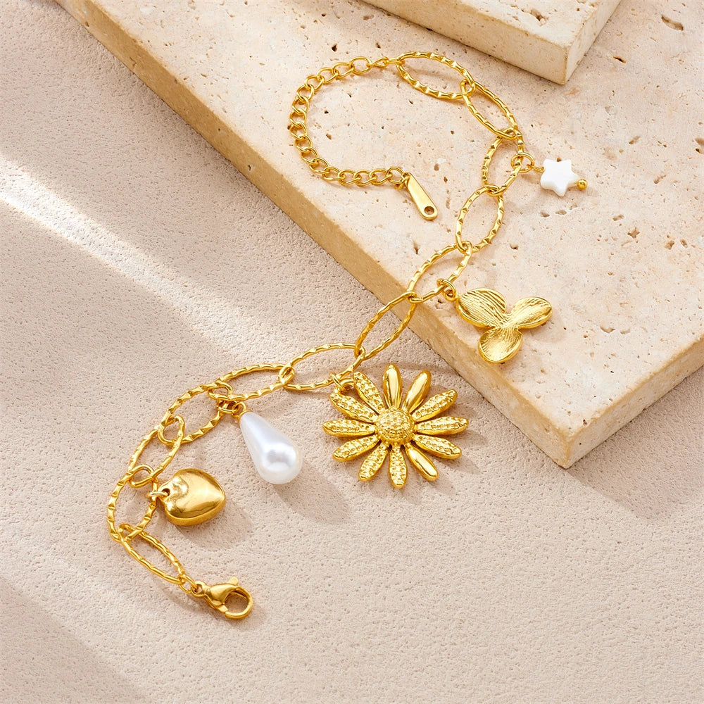 Coquette Flower Heart Chain Gold Pearl Pendant Bracelet - Womens - Adjustable