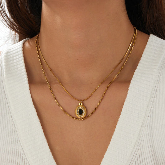 Vintage Black Onyx Gemstone Gold Layered Necklaces - Stainless Steel - Womens