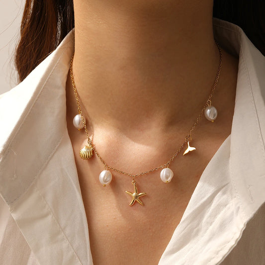 Beach Seashell Starfish Pearl Pendant Gold Charm Necklace - Womens