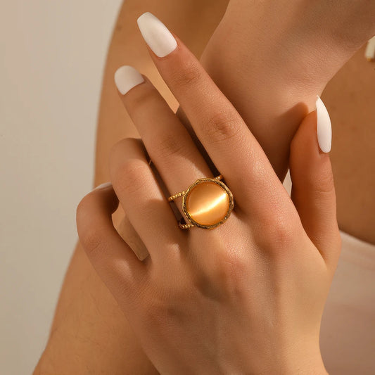 Boho Orange Oval Inlay Gold Opal Ring - Gold Plated - Womens