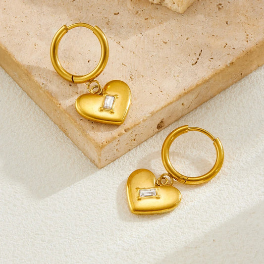 Zircon Crystal Heart Gold Pendant Hoop Earrings - Womens
