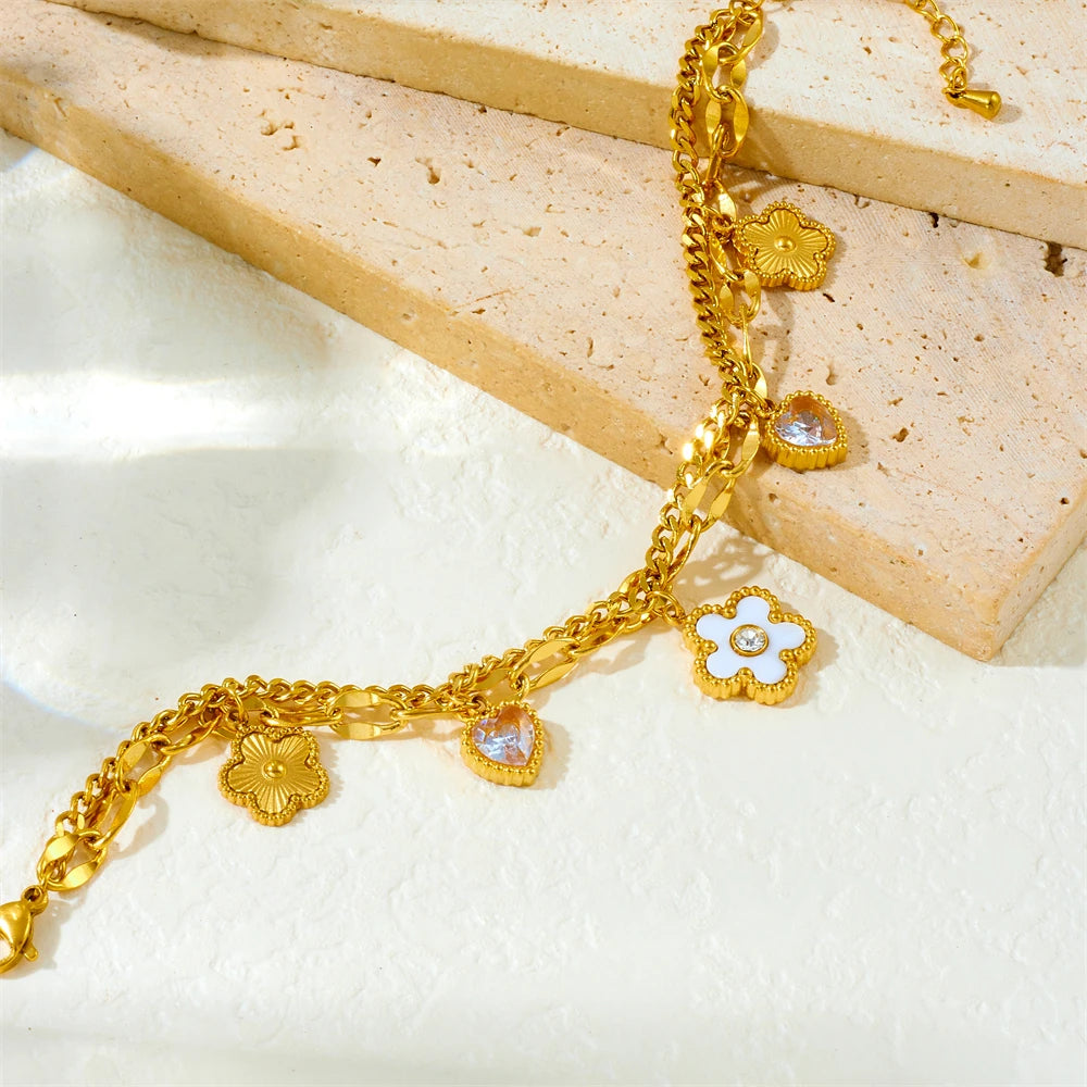 Coquette Heart Flower Zircon Pendant Double-layer Gold Charm Bracelet - Stainless Steel - Womens