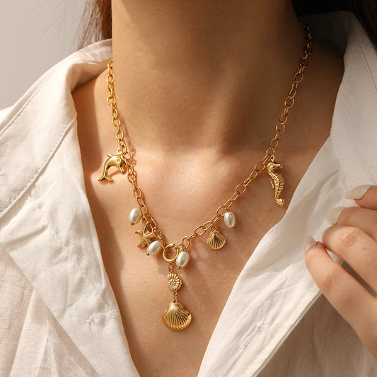 Boho Beach Seashell Dolphin Seahorse Starfish Pearl Gold Pendant Charm Necklace - Womens
