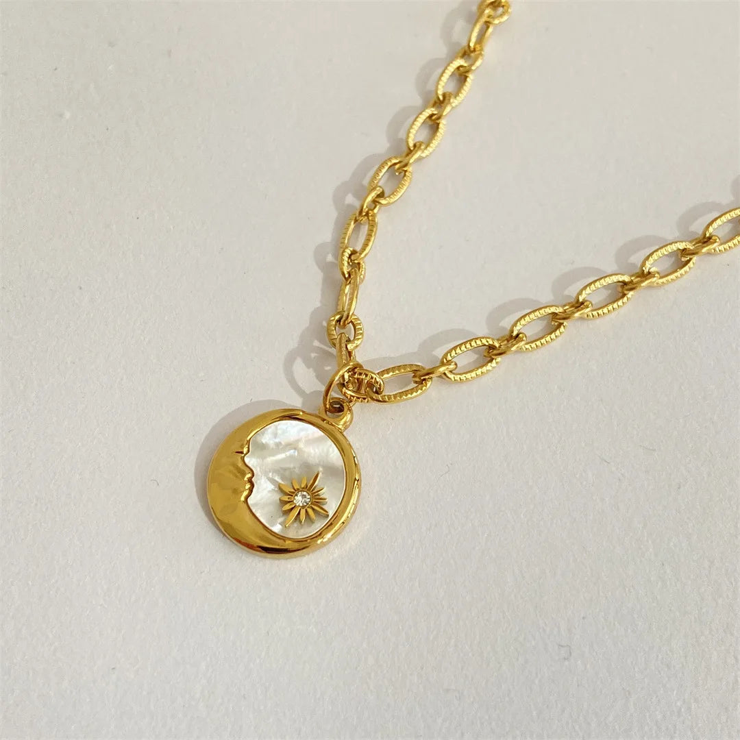 Vintage Sun and Moon Shell Gold Coin Pendant Necklace - Womens