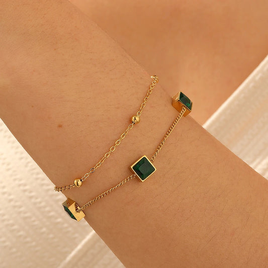 Zircon Emerald Gemstone Inlay Gold Charm Bracelet - Stainless Steel - Womens