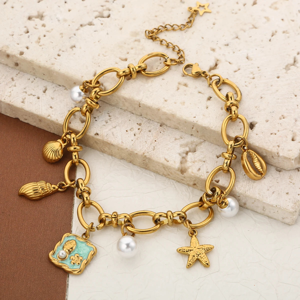 Boho Beach Seashell Pearl Gold Charm Bracelet - Womens