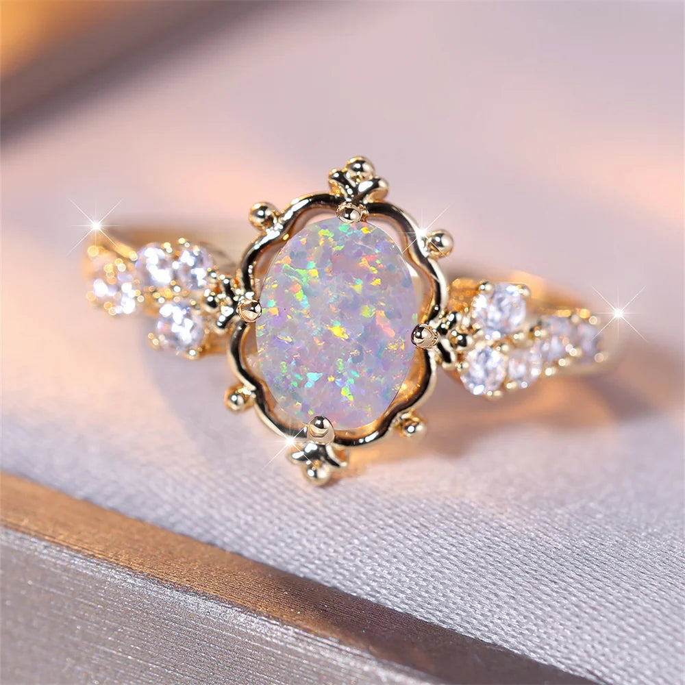 White Fire Opal Gemstone Gold Ring - Womens