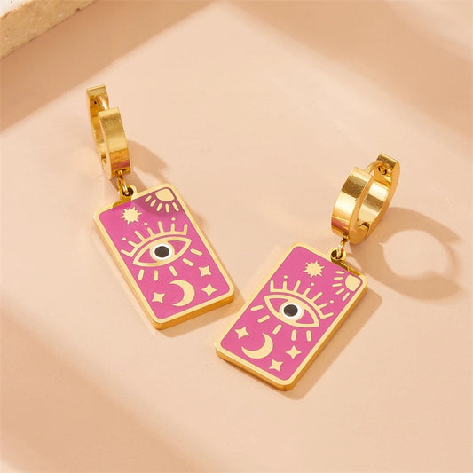 Pink Celestial Evil Eye Sun Moon and Star Tarot Gold Dangle Earrings - Womens