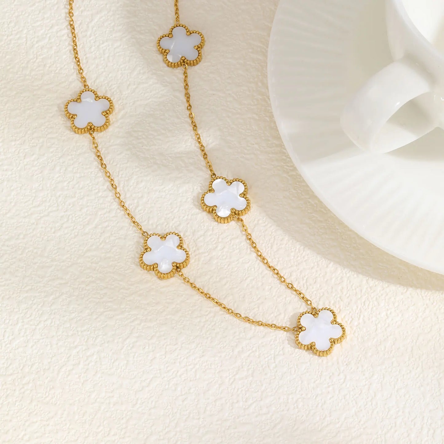 Leaf Clover Flower Pendant Gold Charm Necklace - Stainless Steel - Womens