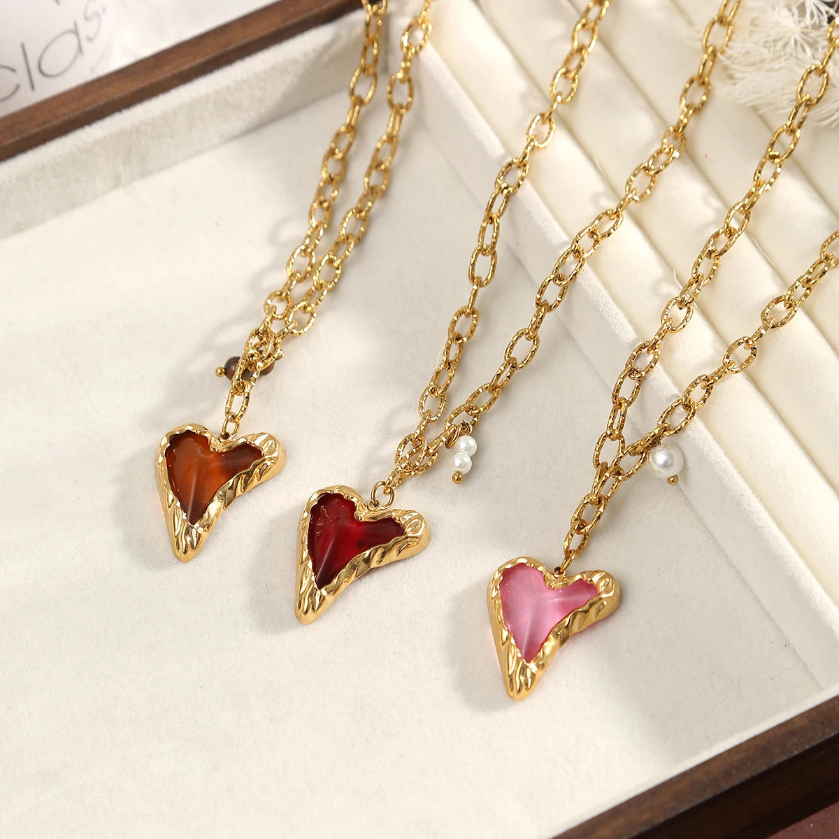 Y2K Pearl Heart Gold Pendant Necklace - Stainless Steel - Womens