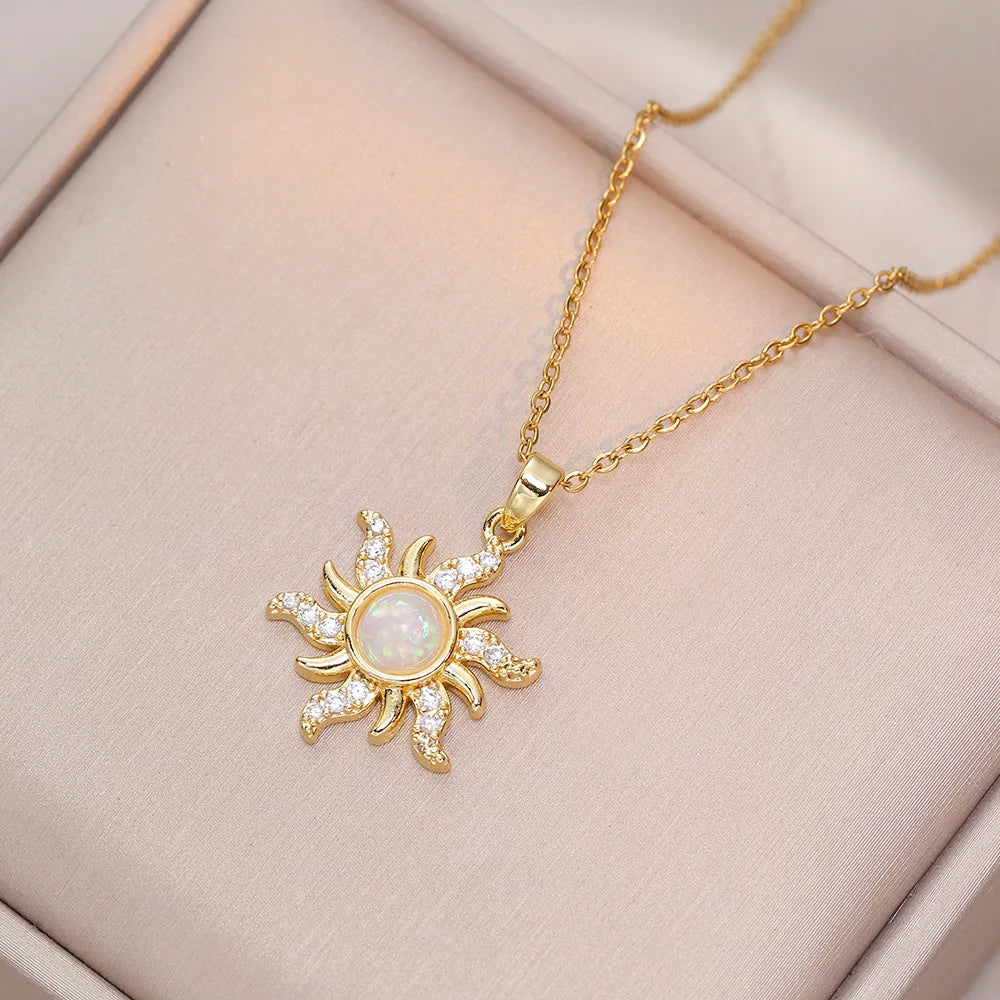 White & Pink Opal Sun Zircon Pendant Necklace - Womens