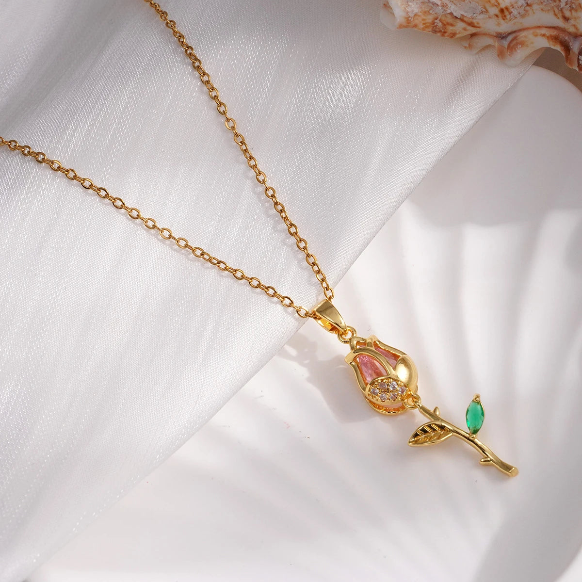 Zircon Tulip Flower Pendant Necklace - Pink, Red & White - Womens
