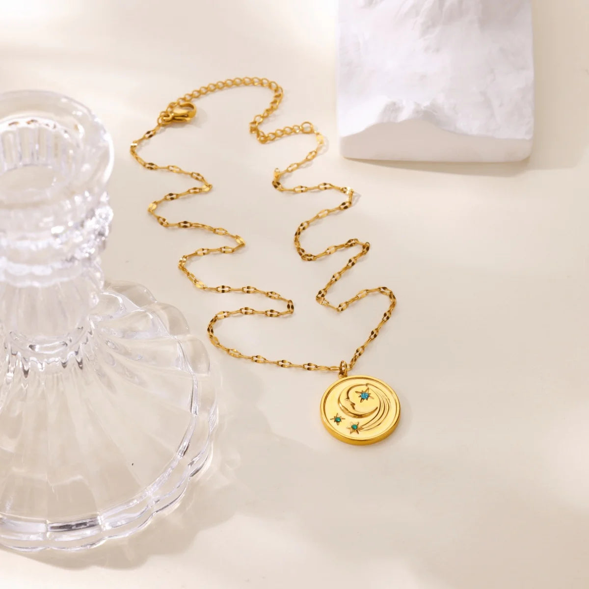 Star and Moon Pendant Gold Coin Necklace - Womens