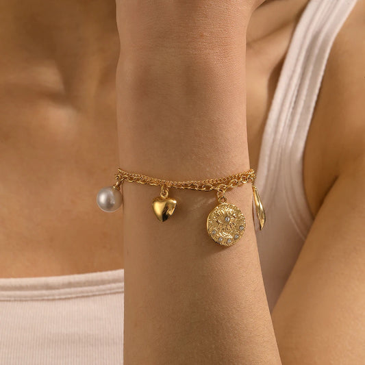 Coquette Butterfly Pearl Heart Zircon Evil Eye Gold Pendant Charm Bracelet - Womens