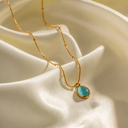 Boho Beach Blue Opal Gemstone Gold Pendant Necklace - Stainless Steel - Womens