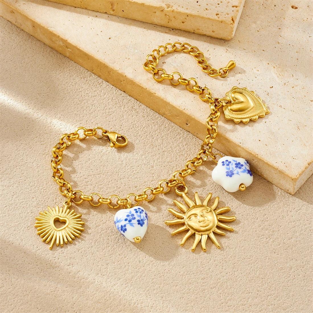 Sun Ceramic Flower Heart Pendant Gold Charm Bracelet - Stainless Steel - Womens