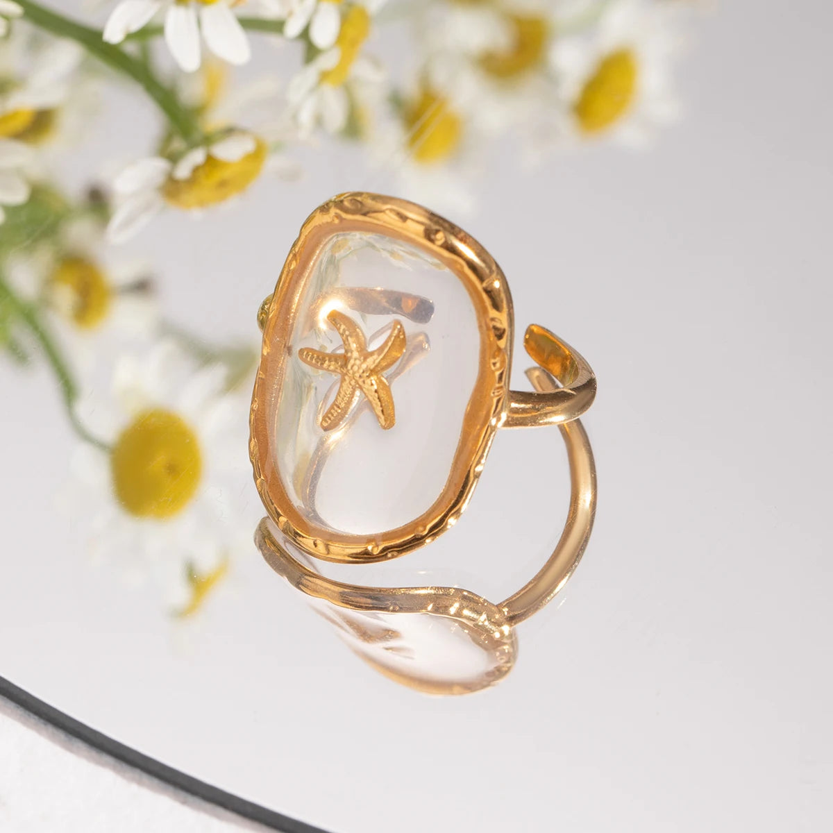 Boho Ocean Oval Starfish Hammer Pattern Adjustable Gold Ring - Womens