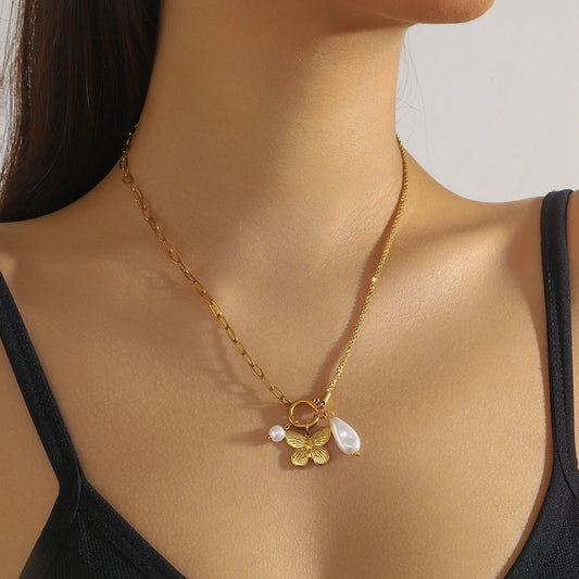 Coquette Pearl Butterfly Gold Pendant Charm Necklace - Womens