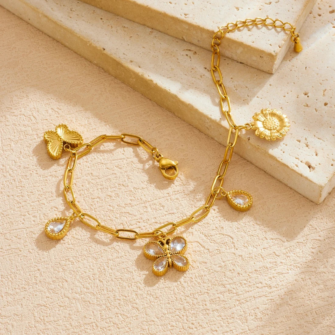 Y2K Zircon Butterfly Sunflower Gold Charm Bracelet - Womens