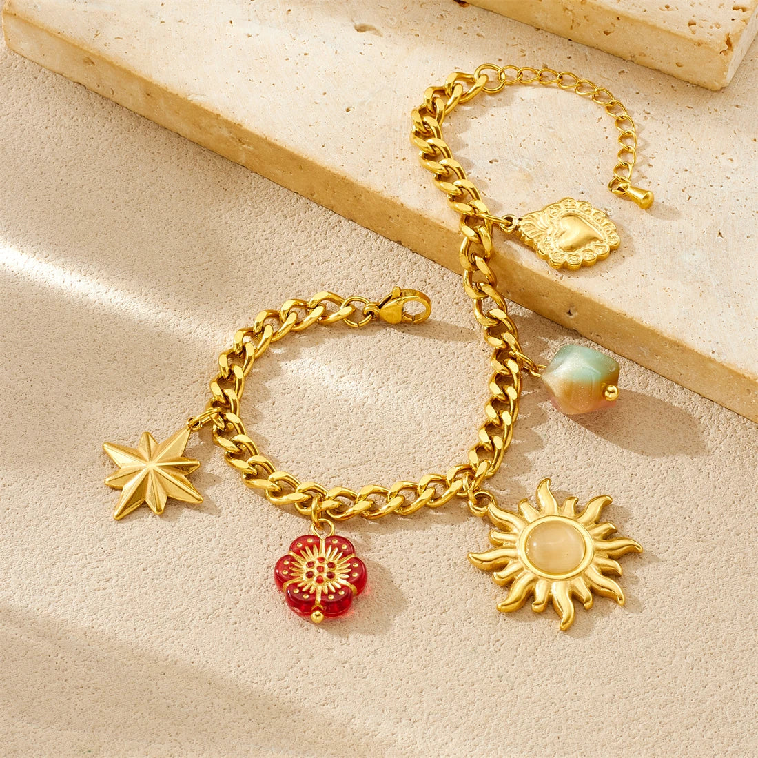 Sun Flower Crystal Heart Pendant Gold Charm Bracelet - Stainless Steel - Womens