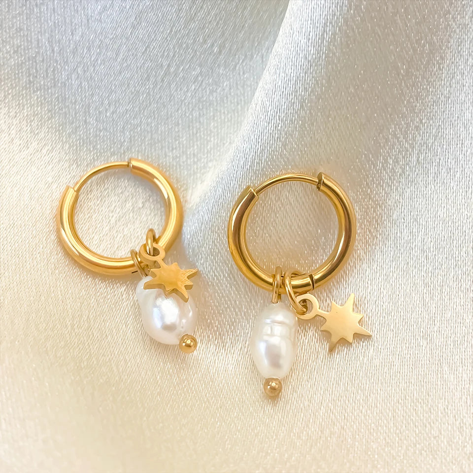 Dainty Star Baroque Pearl Dangle Gold Hoop Earrings - Stainless Steel - Womens