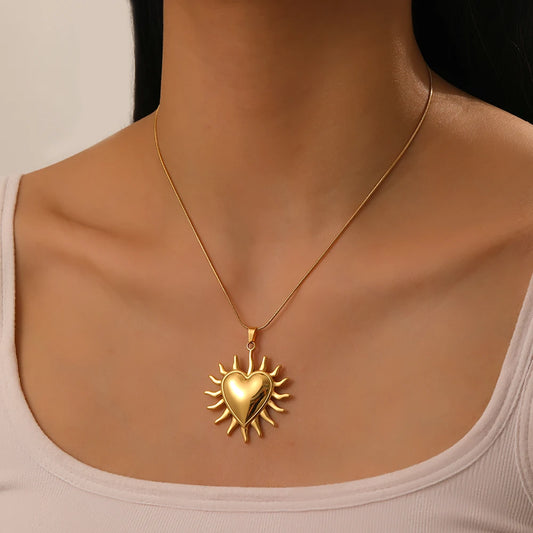 Boho Sun and Heart Pendant Gold Charm Necklace - Womens