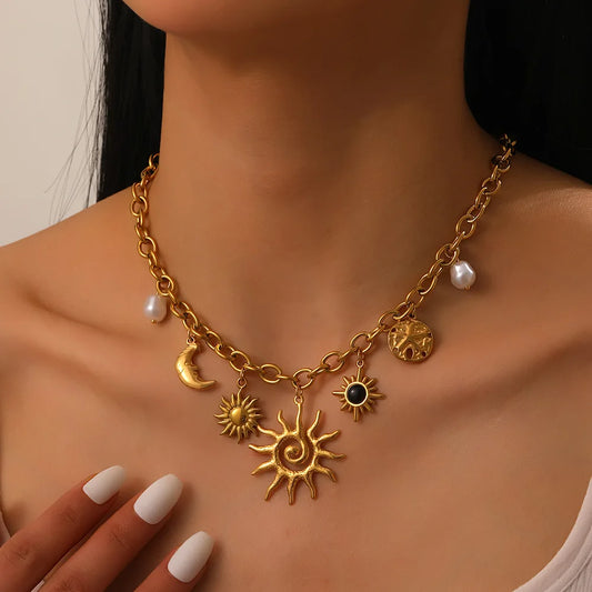 Starfish Sun and Moon Pearl Pendant Gold Charm Necklace - Womens