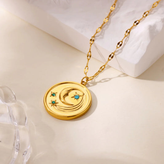 Star and Moon Pendant Gold Coin Necklace - Womens