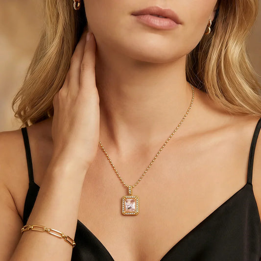 Zircon Square Pink Gemstone Gold Pendant Necklace - Stainless Steel - Womens