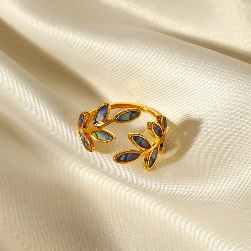 Dainty Vintage Enamel Leaf Open Gold Ring - Adjustable - Stainless Steel - Womens