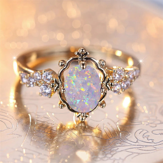 White Fire Opal Gemstone Gold Ring - Womens